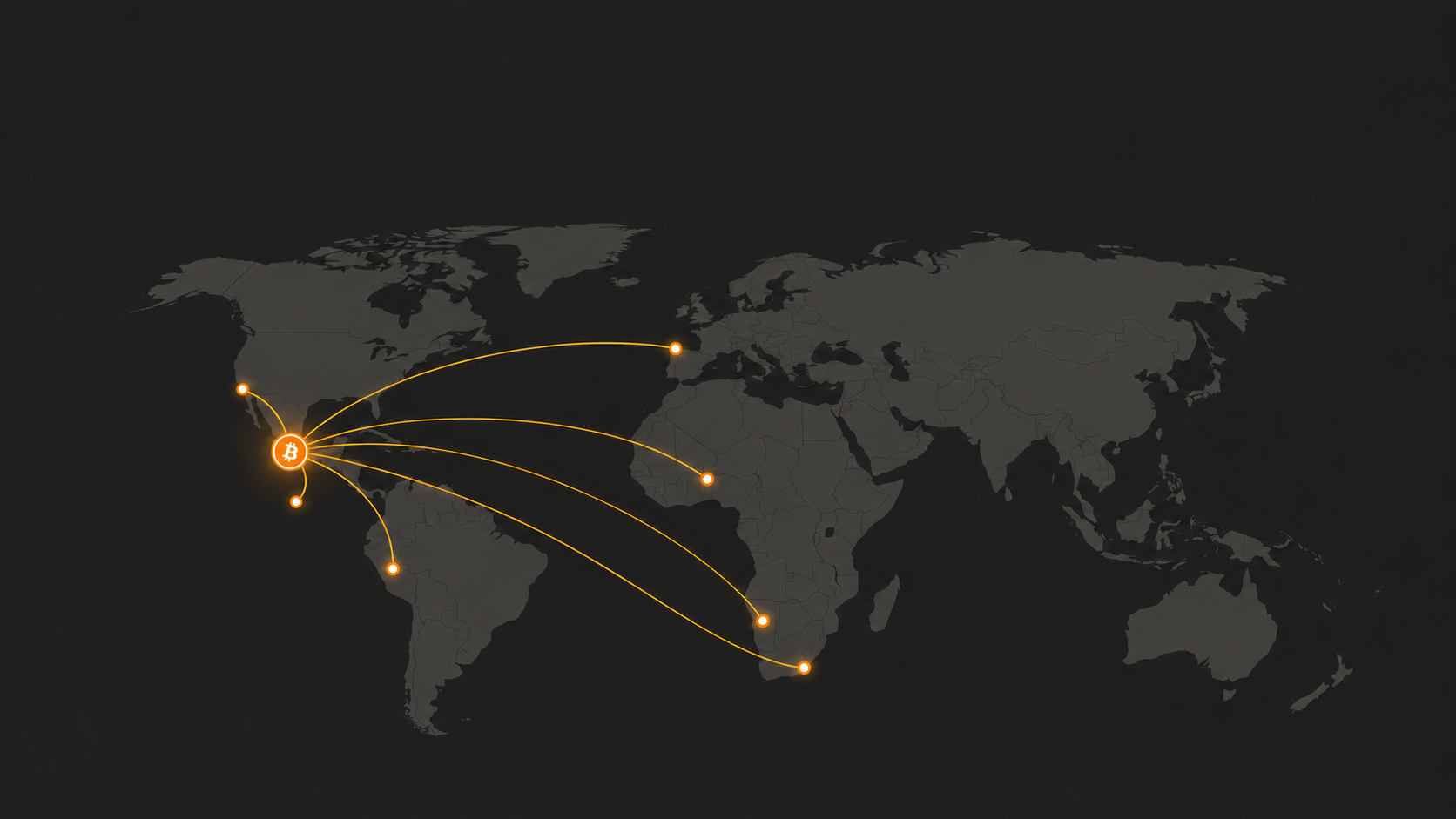 World map with golden connections from Bitcoin Beach to Bitcoin communities