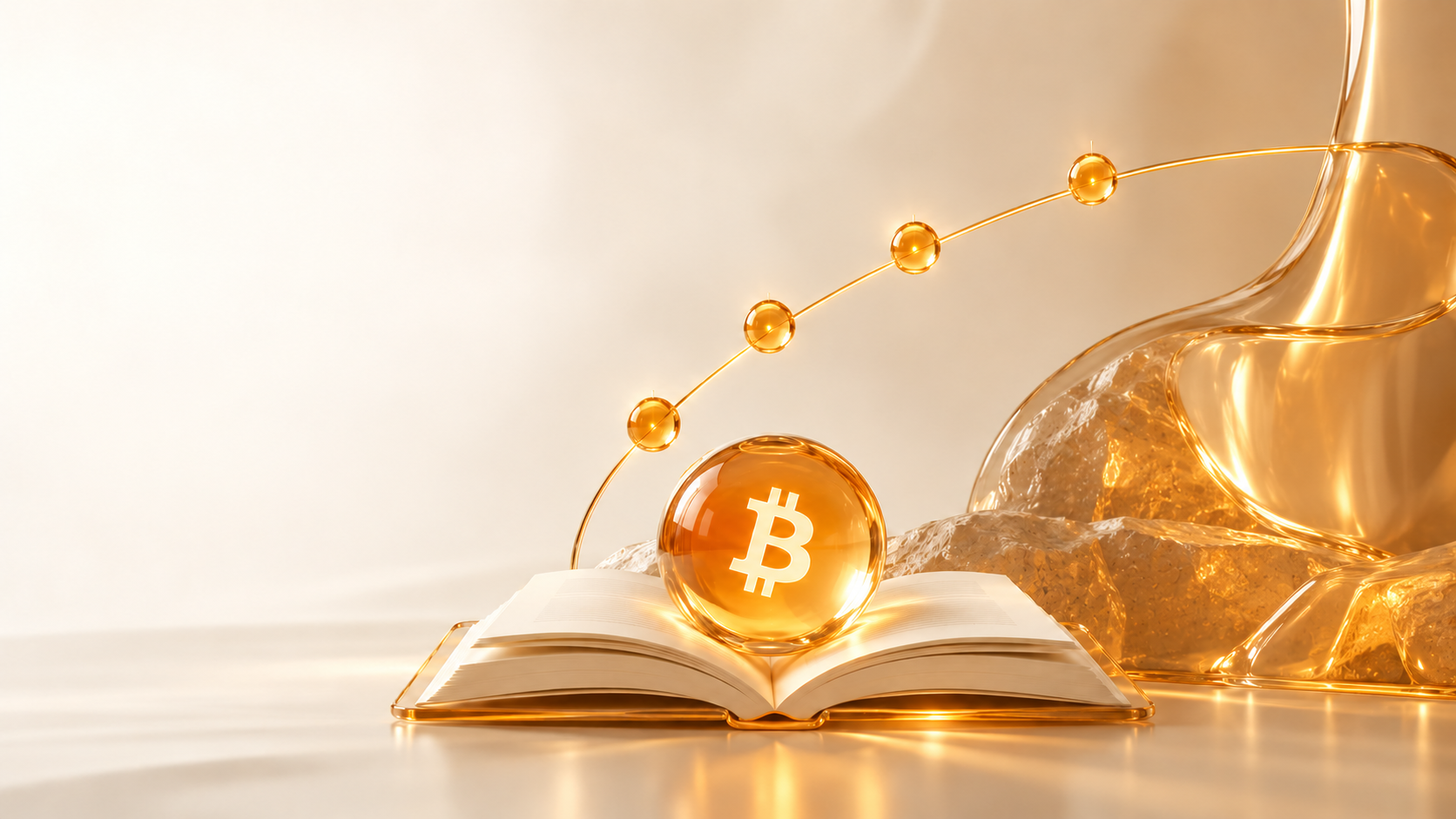An open book and a golden Bitcoin sphere beneath a rising luminous path
