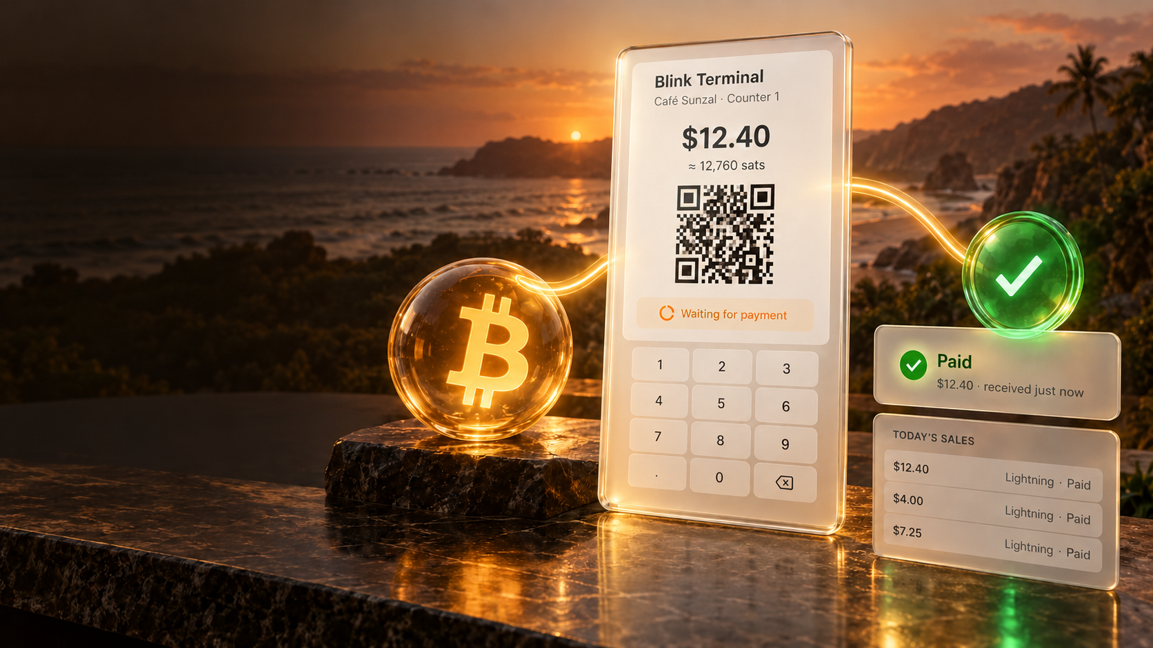 Illustrative Blink Terminal checkout: $12.40, approximately 12,760 sats, QR payment request, payment received and today's sales, connected by luminous spheres over a warm coastal horizon